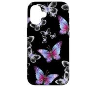 Cute Purple and Blue Butterfly Pattern Nature On Black Custodia per iPhone 16