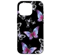 Cute Purple and Blue Butterfly Pattern Nature On Black Custodia per iPhone 16 Pro