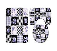 Cute Purple Bow Flower Patchwork Boho Vintage Flowers Spring Retro Black White Checkered Polka Dot Copriwater Set 3 Pezzi, Tappeto Con Profilo A U Assorbente Tappetino Da Bagno Per Toeletta