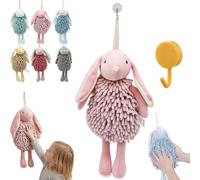 Cute Rabbit Fuzzy Ball Towel with Hanging Loop , Ultra-Soft Chenille Hand Towel, Super Absorbent & Quick-Dry Ball Towel for Bathroom and Kitchen, Fun & Decorative Washcloth for Kids and Family (F)