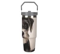 Cute Schnauzer - Bicchiere da viaggio con cannuccia, isolato, in acciaio inox, con manico, a doppia parete, coperchio a prova di perdite, mantiene le bevande calde/fredde per ore