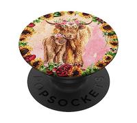 Cute Scottish Highland Cow Calf Cow Print With Sunflower PopSockets PopGrip Adesivo