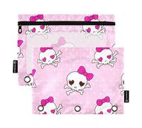 Cute Skulls - Astuccio a 3 anelli, con cerniera, per ufficio e scuola, tasche trasparenti con cerniera, 24,9 x 18 cm, confezione da 2