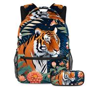 Cute Tiger and Flower Unleash their Style, set di 2 zaini per bambini con zaino e astuccio, borsa da viaggio di grande capacità per ragazzi, ragazze e adolescenti, Multicolore, B:29.4x20x40cm\