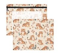 Cute Tigers - Astuccio per matite con cerniera, tasca a 3 fori, per lettere formato A4, confezione da 2 pezzi, per studenti e scuola, colore: beige