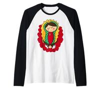 Cute Virgin Mary Cartoon Guadalupe Devotion in Kawaii Form Maglia con Maniche Raglan