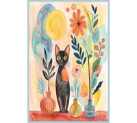 Cute Watercolor Cat Lined Notebook: Sky Blue Aesthetic Botanical Black Cat Journal 6x9 Inches 120 Pages Lined Notebook for Women, Girls, Cat Lovers, School & Office Supplies, Gift