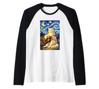 Cute White Cat Playing Guitar Whimsical Art Music Camping Maglia con Maniche Raglan