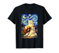 Cute White Cat Playing Guitar Whimsical Art Music Camping Maglietta