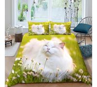 Cute white catSet Di Copripiumino ultra microfibra 3 pezzi motivo 3D con cerniera Nature serene style copripiumino con federe traspirante ultra morbido for coppie Single（140x200cm）