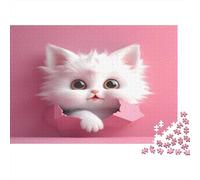 Cute White Kitten-Cartoon Fluffy Style Puzzle for Adults & Kids A White Kitten in A Pink Hole 1000Pc Educational Games for Wall Decor 38x26cm/1000pcs