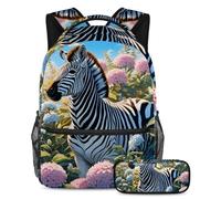 Cute Zebra e Flower Libera la tua creatività, zaino con astuccio, set da 2 pezzi, essenziale per ragazzi, ragazze, adolescenti e studenti, Multicolore, B:29.4x20x40cm P:19x7.5x3.8cm, Zaini Daypack