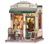 CUTEBEE Book Nook Kit - Casa Delle Bambole Miniature DIY Con Luci LED, Fermalibri In Legno 3D, Decorazione Vintage Crema E Verde Per Librerie, Regalo(Sunny cafe)