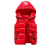 cutecool Gilet trapuntato, lucido, da donna, senza maniche, tinta unita, con cerniera, casual, con cappuccio, unisex, con cappuccio, per attività all'aperto, taglia S - 3XL, Colore: rosso, XXL