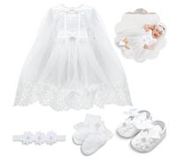 Cutecrop Set di 6 abiti da battesimo per bambina con abito da battesimo in pizzo satinato con scialle scarpe e calzini per bambini da 0 a 6 mesi, principalmente bianco, 3-6 mesi, Principalmente bianco