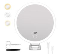 Cuteefun Specchio Ingranditore 30X, Specchio da Tavolo con Luce, Appendibile e Aspirante, 3 Colori di Luce, Touch Screen Dimmerabile, USB Ricaricabile, Ideale per Tavolo Vanità, Bagno, Bianco