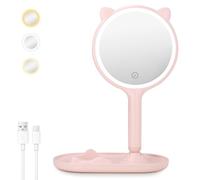 Cuteefun Specchio Trucco con Luci, Specchio D'Ingrandimento Bifacciale 1X/5X, Da Tavolo e Manuale, 3 Colori di Luce LED, Touch Screen Dimmerabile, Ideale per Camera da Letto, Tavolo da Vanità, Rosa
