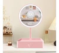 Cuteefun Specchio Trucco con Luci, Specchio Ingranditore Magnetico 5X con Cassetto, 3 Colori di Luce, Touch Screen Dimmerabile, USB Ricaricabile, Ideale per Camera da Letto, Tavolo di Vanità, Rosa