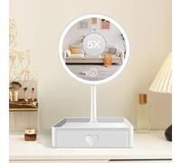 Cuteefun Specchio Trucco con Luci, Specchio Ingranditore Magnetico 5X con Cassetto, 3 Colori di Luce, Touch Screen Dimmerabile, USB Ricaricabile, Ideale per Camera da Letto, Tavolo di Vanità, Bianco