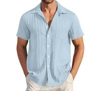 CUTeFiorino Camicia hawaiana da uomo a maniche corte, per il tempo libero, Guayabera, con colletto cubano, da spiaggia, in cotone, a righe, a maniche corte, estiva, da spiaggia, da uomo, con tasche