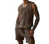 CUTeFiorino Canotta estiva da uomo, leggera, a rete, 2 pezzi, sexy, maglia grossa, testurizzata, per il tempo libero, vacanze, spiaggia, sexy, 2 pezzi, per piscina, feste, vestibilità regolare, caffè