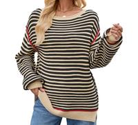 CuteFlats Maglione da donna in maglia con contrasto di colore, comodo design oversize per il tempo libero e l'università, beige., L