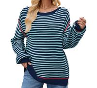 CuteFlats Maglione da donna in maglia con contrasto di colore, comodo design oversize per il tempo libero e l'università, Blu, S