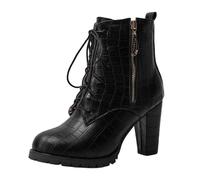 CuteFlats Stivaletti da donna | tacco a blocco 9 cm e allacciatura per look retrò, tutti i giorni e autunno inverno, Nero , 44 EU