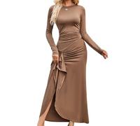 CUTEHEELS Abito da donna attillato, a maniche lunghe, con volant e spacco laterale, girocollo, per tutti i giorni, da sera, per autunno, marrone, S