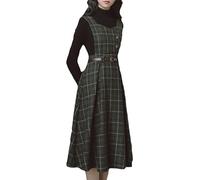Cuteighteen Abito senza maniche con cintura scozzese per donna autunno inverno lana elegante midi generale grembiule grembiule abito, Verde, XL