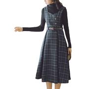 Cuteighteen Abito senza maniche con cintura scozzese per donna autunno inverno lana elegante midi generale grembiule grembiule abito, Blu navy, XL