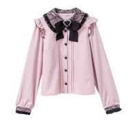 Cuteighteen Lolita, camicetta vittoriana da donna con colletto alla Peter Pan, in pizzo, a maniche lunghe, stile gotico, kawaii, vintage, con volant e fiocco, Rosa, S