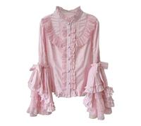 Cuteighteen Lolita Camicette Vittoriane a Maniche Lunghe Donna Camicia Gotica Rinascimentale Vintage Pizzo Volant Elegante Arricciata Raffinata Fantasia Top, Rosa, XL