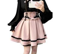 Cuteighteen Lolita Kawaii Lace Up Minigonna Donna Goth Tennis Pieghe Vita Alta Carino Volant A Line School Girl Gonne, Rosa, Taglia Unica