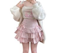 Cuteighteen Lolita, minigonna a più livelli da donna, kawaii, a strati, con volant, a vita alta, con lacci, per ragazze adolescenti, Rosa, M