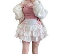 Cuteighteen Lolita, minigonna a più livelli da donna, kawaii, a strati, con volant, a vita alta, con lacci, per ragazze adolescenti, bianco, M