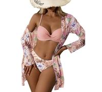 CUTEMOOT Costumi da bagno da donna 3 pezzi tropicale push up bikini set spiaggia manica lunga costumi da bagno con kimono copertura, Rosa, M