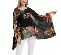 CuteSwan Camicetta da donna in chiffon Lagenlook con maniche a pipistrello, stile casual, Motivo floreale vintage., Taglia unica