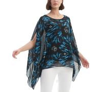 CuteSwan Camicetta da donna Lagenlook caftano con maniche a pipistrello in chiffon bohémien sciolto floreale camicetta tunica, Nero con piuma blu, Un formato più