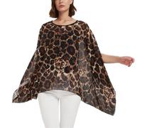 CuteSwan Camicetta da donna Lagenlook caftano con maniche a pipistrello in chiffon bohémien sciolto floreale camicetta tunica, Nero con leopardo marrone, One Size Plus
