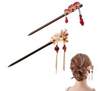 CutitiUU 2 Forcine per Capelli in Legno Vintage Fiore Bacchette,Fermaglio per Capelli in Legno con Motivo a Rosa Rossa,per donne e ragazze, per la festa della mamma (B)