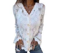 Cutout Embroidered V-Neck Button Long Sleeve Top Crochet Sweaters for Women BesidewithHollow Half Sleeve Cardigan (XL,White)