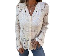 Cutout Embroidered V-Neck Button Long Sleeve Top Crochet Sweaters for Women BesidewithHollow Half Sleeve Cardigan (S,Apricot)