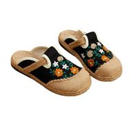 CUTSUGOK Zoccoli Sanitari Donna Scarpe Basse da Donna Piatte Canvas Leggero Walking Casual Lino Retro Ricamo di Viaggio Pantofole di Vacanza-Nero-38