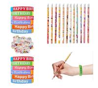 Cuyacili Set di 100 braccialetti in gomma con matite Happy Birthday e adesivi di compleanno per bambini, studenti, insegnanti