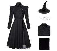 Cuzeolin Elphaba Costume da strega per adulti, vestito nero con cappello e occhiali, per Halloween, vestito nero malvagio, da donna, taglia M