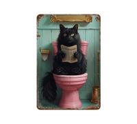 CVBGGG Gatto nero seduto su un bagno rosa e lettura giornale decorazione da parete arte metallo latta poster moderno bar decorations30x20cm