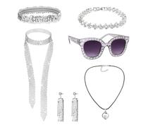 CVDYWDJIE 1 Abito da Discoteca, 1 Collana con Palla da Discoteca, Ornamenti da Discoteca in Argento, Orecchini con Paillettes, Occhiali da Sole, Abito Scintillante da Donna