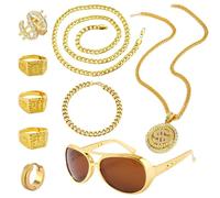 CVDYWDJIE 1 Collana con Medaglia d'oro, 1 Occhiali, 1 Orecchini, 1 Collana, 1 Braccialetto E 4 Anelli d'oro, Accessori di Abbigliamento Hip Hop, Oggetti di Scena Cosplay