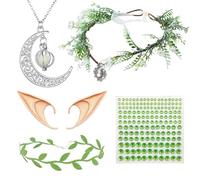CVDYWDJIE 1 Fascia per Fiori, 1 Orecchio, 1 Girocollo A Foglia Verde, 1 Collana con Luna E 1 Toppa con Faccia di Diamante Verde, Accessori Cosplay, Accessori per Costumi